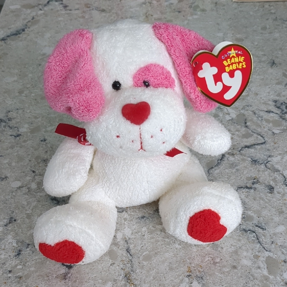 Ty Beanie Babies Pink and White Dog with Heart Accents